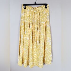 Linen Blend Yellow Floral Print Women's Long Skirt Size Small